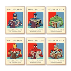 May include: Six framed posters with comic book characters reading books. Each poster has a red and blue background with the text "WAKE UP AND READ!" and "National Library Week 1960". Characters include Captain America, Batman, Hulk, Iron Man, Spider-Man, and Thor.