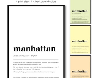 Funny Manhattan Definition Print, Retro Cocktail Poster, Bar Cart Art