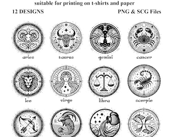Puede incluir: Un conjunto de 12 signos del zodíaco en blanco y negro, cada uno con un diseño y símbolo únicos. Los signos están dispuestos en una cuadrícula de cuatro filas y tres columnas. Los signos son: Aries, Tauro, Géminis, Cáncer, Leo, Virgo, Libra, Escorpio, Sagitario, Capricornio, Acuario y Piscis.