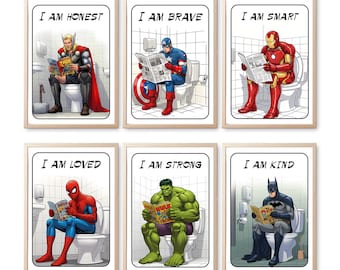 Conjunto de placas de banheiro de super-heróis | Arte engraçada para parede de banheiro | Conjunto de 6