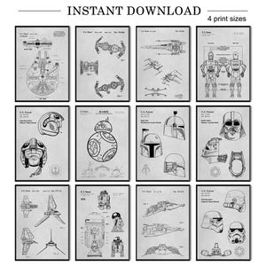 Puede incluir: Un conjunto de 10 pósters de patentes de Star Wars imprimibles. Los pósters presentan personajes y vehículos icónicos del universo de Star Wars, incluyendo el Halcón Milenario, Darth Vader, R2-D2 y el Stormtrooper. Los pósters son en blanco y negro y tienen un aspecto vintage y técnico.