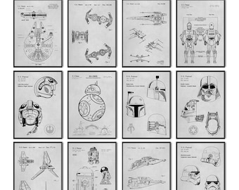 Zestaw patentów StarWars 12 sztuk – plany Sokoła Millennium i X-Winga – grafika ścienna StarWars