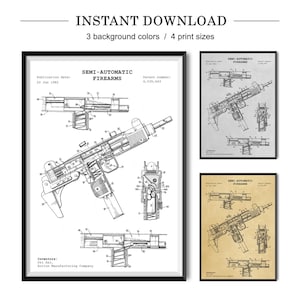 May include: A black and white line drawing of a semi-automatic firearm patent. The patent number is 4,335,643 and the publication date is June 22, 1982. The patent is for a semi-automatic firearm designed by Dai Gal of Action Manufacturing Company.