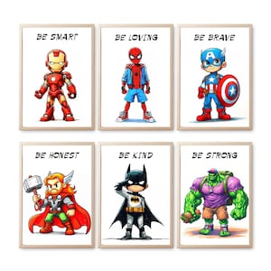Set of 6 Superhero Wall Art with Affirmations | Superhero Nursery Art Set of 6