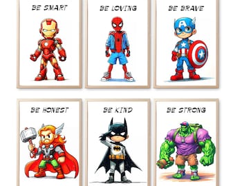 Láminas artísticas con afirmaciones de superhéroes: Set de 6 para decoración infantil (descarga digital)