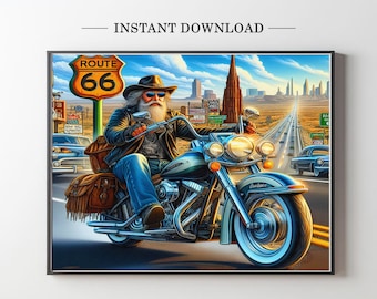 Rider on Road 66, Motorrad-Kunstdruck, Ghost Rider Print, David Mann Art, Motorrad-Drucke, Motorrad-Digital-Download, Mannhöhlendekor