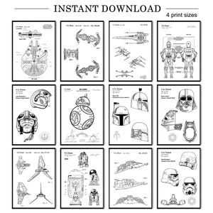 Könnte beinhalten: Ein Set mit 12 schwarz-weißen druckbaren Star Wars Patent-Illustrationen. Die Illustrationen zeigen ikonische Charaktere und Fahrzeuge aus dem Star Wars-Universum, darunter der Millennium Falcon, X-Wing, Darth Vader, R2-D2 und Boba Fett.