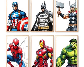 May include: Six framed art prints featuring comic book superheroes: Captain America, Batman, Thor, Spider-Man, Iron Man, and the Hulk. Each character is depicted in a dynamic pose with vibrant colors and detailed costumes, set against a white background.