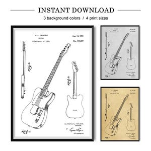 Póster de patente de guitarra eléctrica: planos artísticos de instrumentos musicales