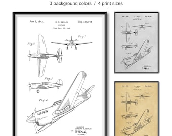 Airplane Patent Art Print 1943, Vintage Aviation Wall Decor, Pilot Gift, Fighter Plane Blueprint