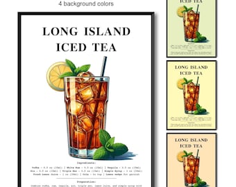 Long Island Iced Tea Poster | Cocktail Recipe Print | Bar Wall Art