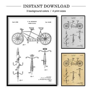 Vintage Tandem Bicycle Patent Poster, Bike Blueprint Art, Bike Lover Gift
