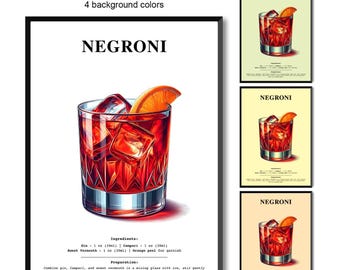 Affiche Negroni | Impression de recette de cocktail | Décoration murale pour bar et cuisine