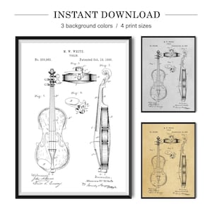 Può includere: Un disegno di brevetto vintage in bianco e nero di un violino. Il disegno mostra il violino di fronte e di lato. Il numero di brevetto è 350.962 e la data del brevetto è il 19 ottobre 1886. L'inventore è M.W. White.