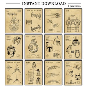 May include: A set of nine vintage-style Star Wars character and vehicle patent prints. The prints are in black and white and feature a distressed, aged paper background. The prints include images of the Millennium Falcon, X-Wing, TIE Fighter, R2-D2, BB-8, Darth Vader, Boba Fett, Stormtrooper, and a Rebel pilot helmet.