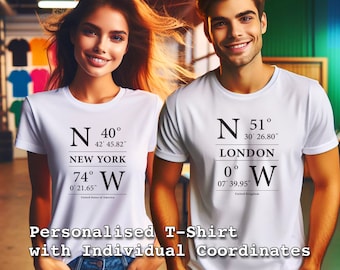 T-shirt de localisation personnalisé, chemise de coordonnées, chemise de longitude et de latitude, chemise de domicile, chemise personnalisée, chemise de lieux, chemise de ville natale, signe GPS