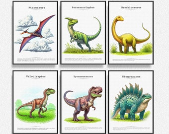 Set van 6 dinosaurusposters – dinosaurusafdrukken, jongenskamerdecoratie, dinosauruskunst