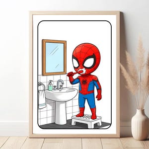 Pode incluir: Ilustra&ccedil;&atilde;o emoldurada de Spider-Man escovando os dentes em um banheiro. O personagem est&aacute; usando seu traje vermelho e azul. O banheiro inclui uma pia, um espelho e um pequeno banquinho. A ilustra&ccedil;&atilde;o est&aacute; em uma moldura de madeira.
