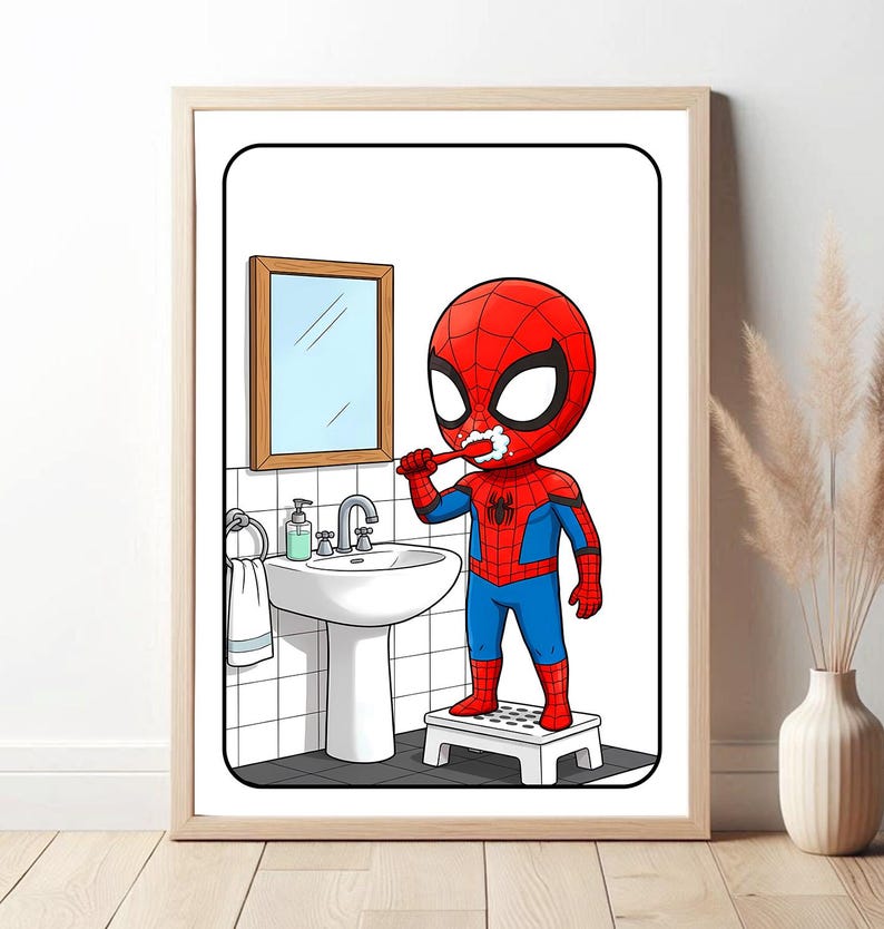 Pode incluir: Ilustra&ccedil;&atilde;o emoldurada de Spider-Man escovando os dentes em um banheiro. O personagem est&aacute; usando seu traje vermelho e azul. O banheiro inclui uma pia, um espelho e um pequeno banquinho. A ilustra&ccedil;&atilde;o est&aacute; em uma moldura de madeira.