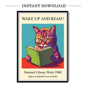 Wake Up and Read! | Cat Reading Poster | National Library Week 1960