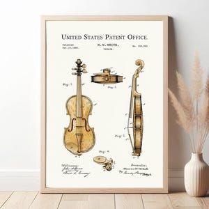 May include: A framed print of a violin patent from the United States Patent Office, dated October 19, 1886. The print features detailed diagrams of a violin, including front, side, and component views, with the inventor's name and patent number.