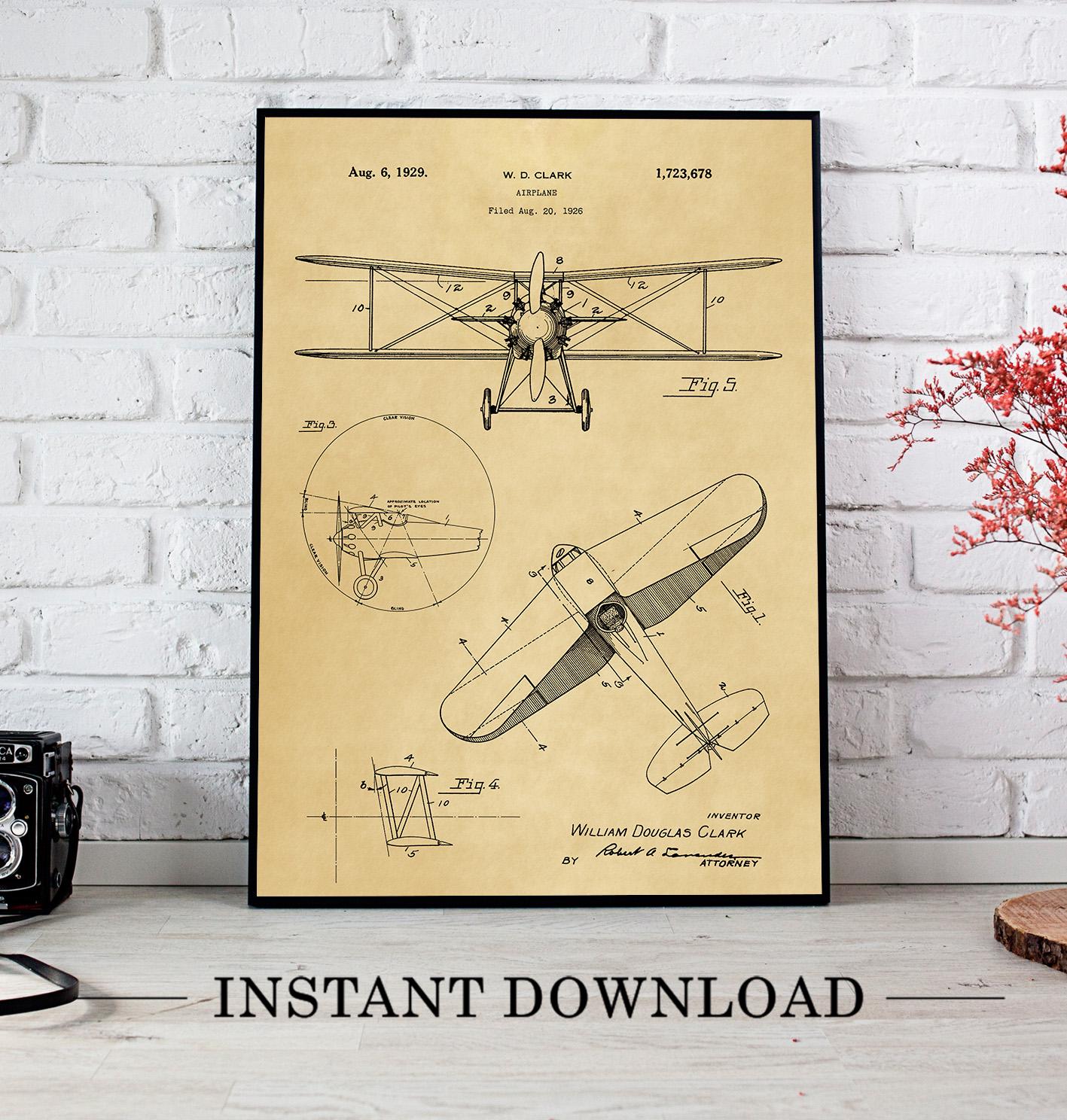Vintage Airplane Patent Print, Aircraft Blueprint, Airplane Decor - Etsy