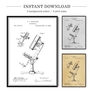 Op de afbeelding: Een zwart-witte vintage patenttekening van een microscoop. Het patent is voor L.D. McIntosh en werd gepatenteerd op 13 maart 1883. Het patentnummer is 273,752.