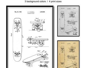 May include: A black and white line drawing of a skateboard patent. The patent is titled "Skateboard Brake" and was filed on May 28, 1968, by A.O. Waddell. The patent number is 3,385,608. The drawing shows different views of the skateboard brake.