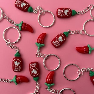 Cute Chilli Keyring Cute Chilli Sauce Keyring Cutsey Chilli Keyring Spicy Charm Spicy Keychain Sriracha Sauce Keyring