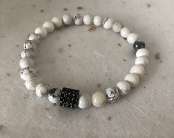 White Howlite Black CZ Pave Bead Bracelet Mens Bracelet Unisex Bracelet