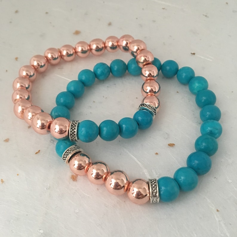 Couples Unisex Beaded Bracelet Rose Gold and Natural Turquoise