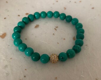 Turquoise Blue Gold CZ Pave Bead Bracelet