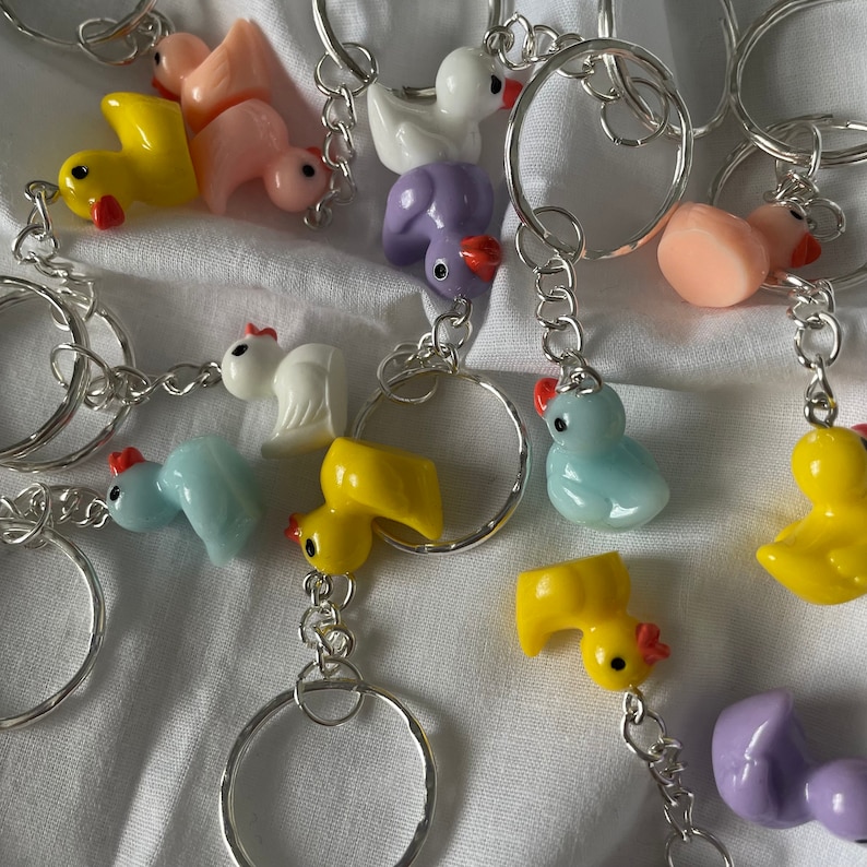 May include: A collection of colorful rubber ducky keychains with silver key rings. The ducks are in various colors, including yellow, blue, pink, purple, and white.