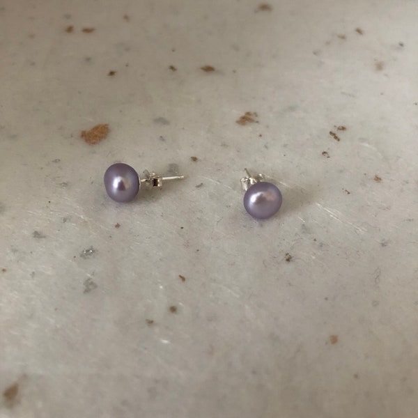 Lavender Studs Earrings Lilac Lavender Freshwater Button Pearls Lilac Sterling Silver Earrings 7.5mm-8mm Earrings Grade AA