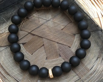 CZ Matte Black Bracelet Gold Pave Bead
