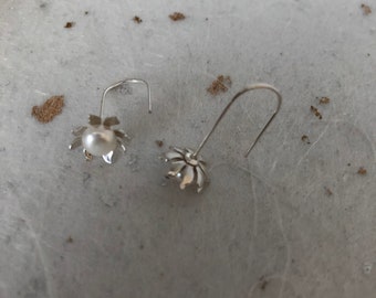 Sterling Silver Flower Drop Earrings Freshwater Pearls Sterling Silver Earrings 5mm-6mm Earrings Grade AAA Sterling Silver Dangle Earrings