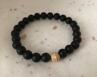 Matte Black Gold CZ Pave Bead Bracelet