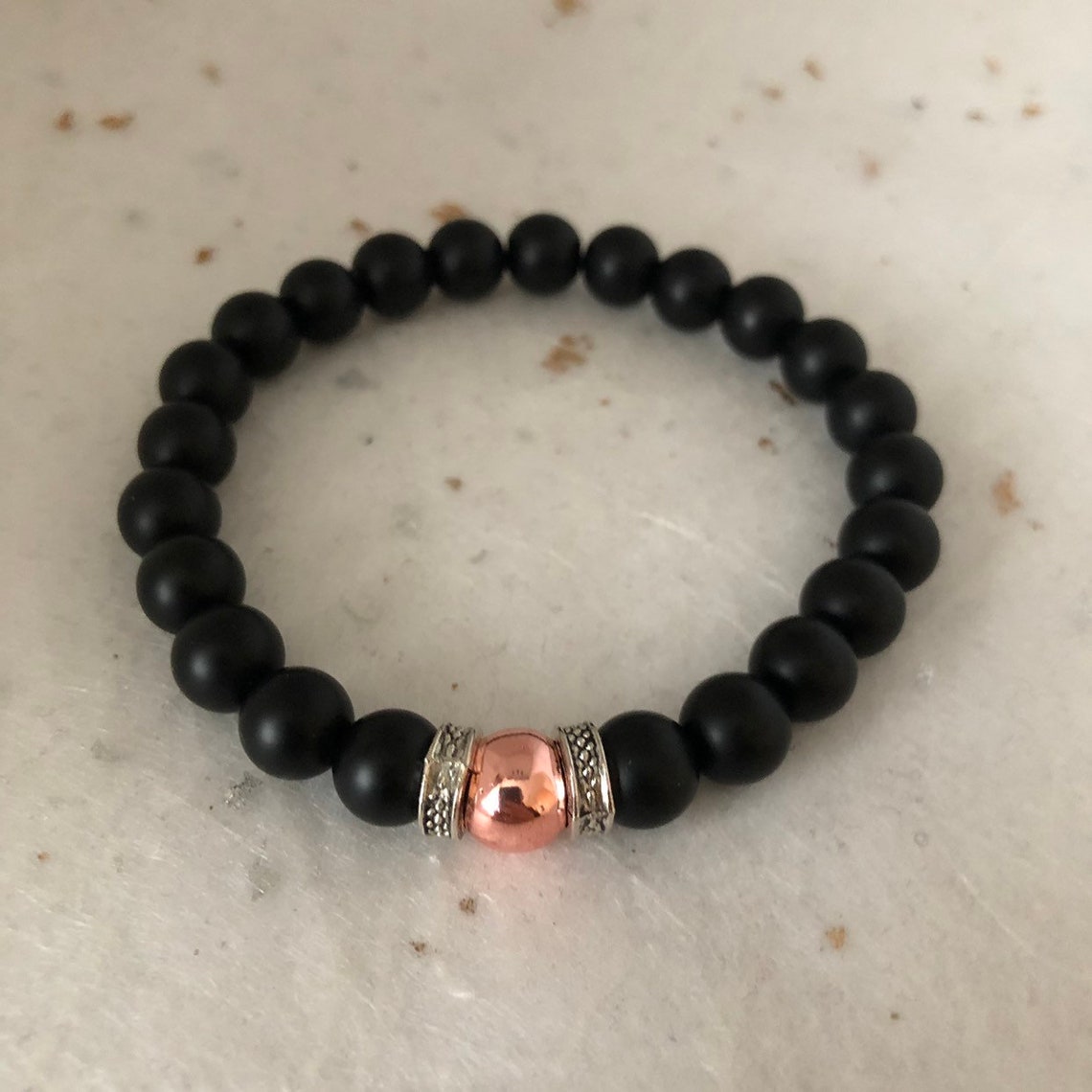 Black Onyx and Rose Gold Beaded Bracelet Unisex Bracelet Etsy