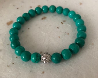 Turquoise Blue Silver CZ Pave Bead Bracelet