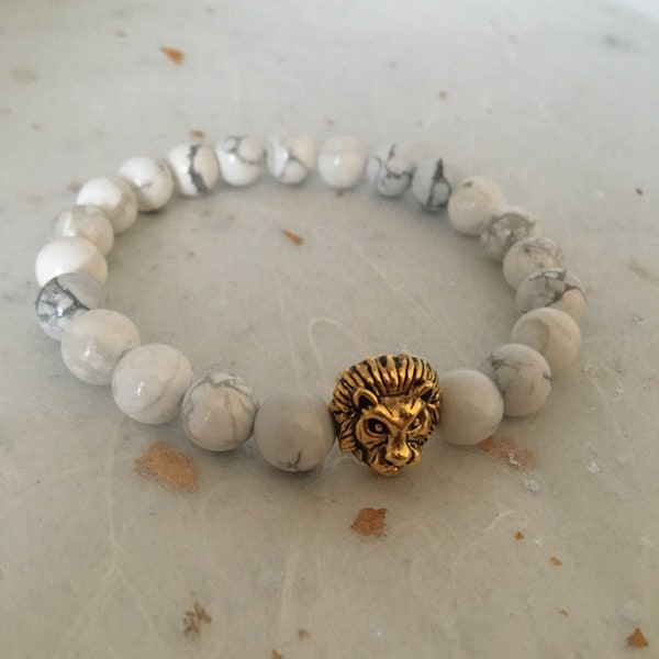 Weiß Howlite Gold Löwe Kopf Armband