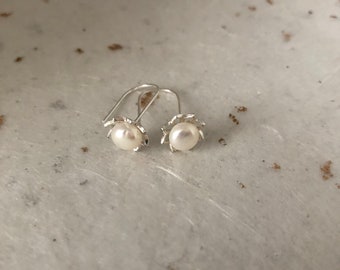 Sterling Silver Flower Drop Earrings Freshwater Pearls Sterling Silver Earrings 5mm-6mm Earrings Grade AAA Sterling Silver Dangle Earrings