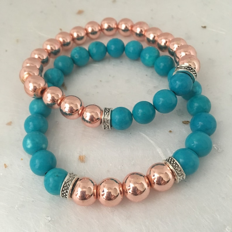 Couples Unisex Beaded Bracelet Rose Gold and Natural Turquoise