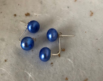 Electric Blue Ear Jacket Earrings Freshwater Button Pearls Sterling Silver Ear Jackets 8mm-9mm Earrings Grade AA