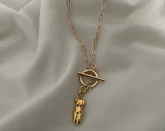 Toggle Clasp Necklace with Female Body Charm Layering Statement Necklace Female Form Charm Toggle Clasp Feminist Necklace Stacking Necklace