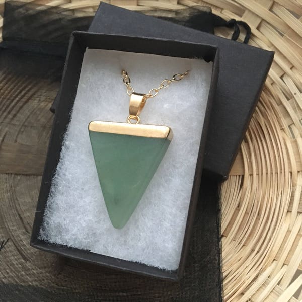 Green Aventurine and Gold Healing Gemstone Necklace Triangle Pendant