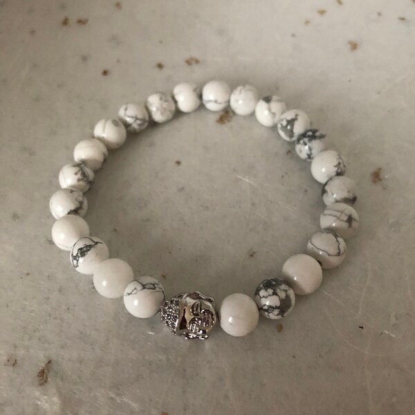 White Howlite Silver Buddha CZ Pave Bead Bracelet Homme Bracelet Femme Bracelet Unisex Bracelet CZ Buddha perle