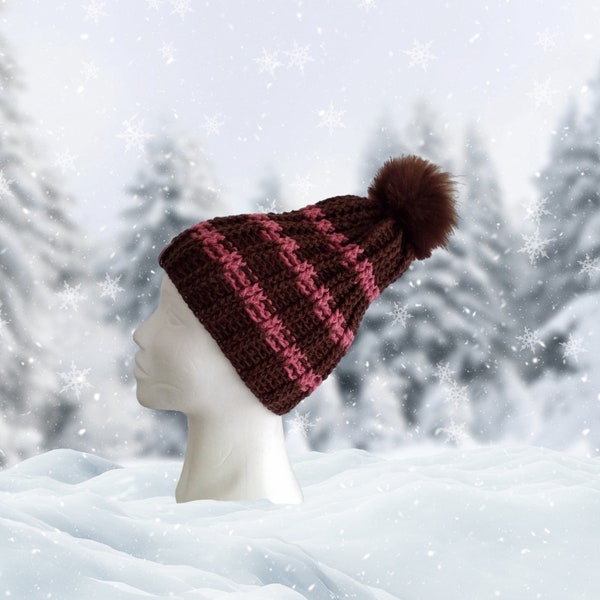 Bonnet femme hiver bi colore marron vieux rose