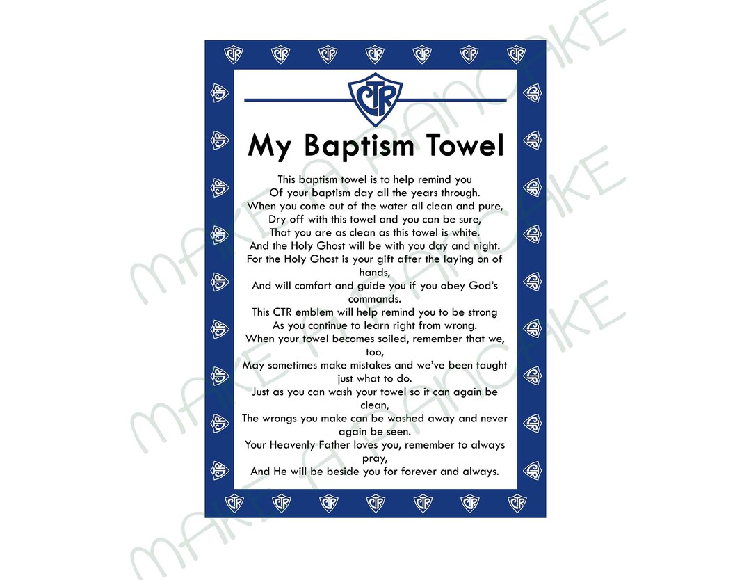 Instant Download LDS Baptism TOWEL CTR Towel Poem in Navy Blue Jpeg ...