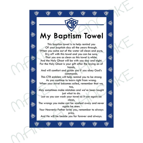 Instant Download LDS Baptism TOWEL CTR Towel Poem in Navy Blue jpeg file