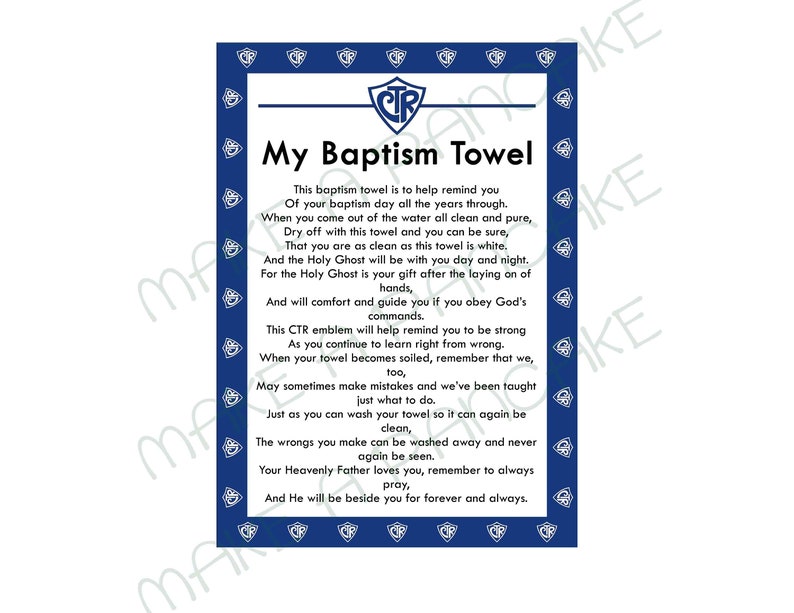 Instant Download LDS Baptism TOWEL CTR Towel Poem in Navy Blue - Etsy